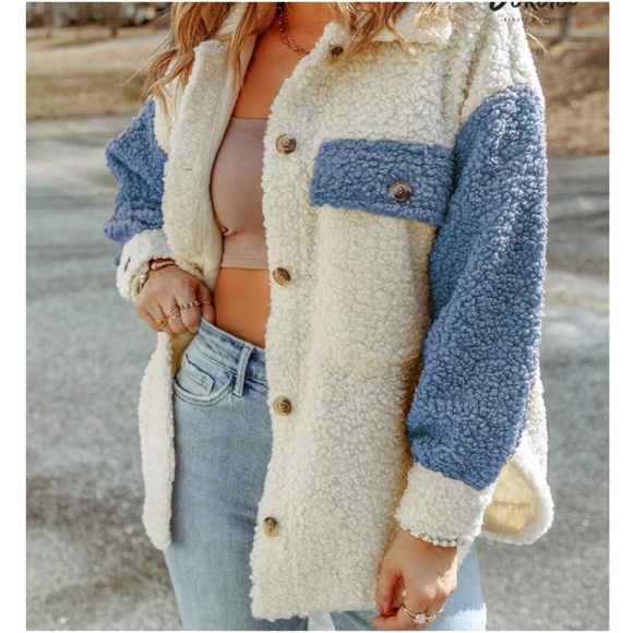 Cozy color Block Button down Pockets Oversized Jacket Shacket - Picture 4 of 6